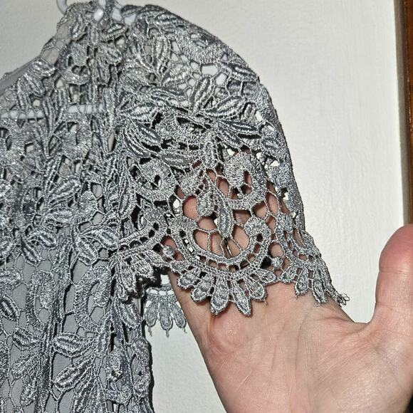 NWT Betsy & Adam Cocktail Dress Womens Sz 4 Small Gray Lace Silver Back Keyhole - Picture 4 of 10